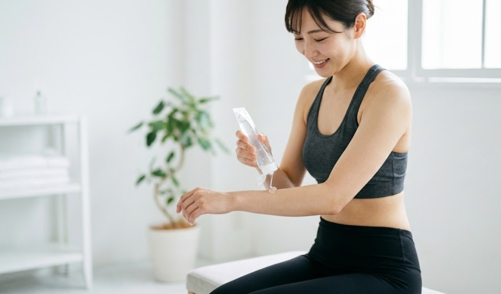 白を基調とした明るい部屋で、スポーツウェアを着た日本人女性がベンチに座り、笑顔でチューブから透明なエステ用ジェルを腕に塗っている様子。背景には窓や観葉植物がぼけて見える。