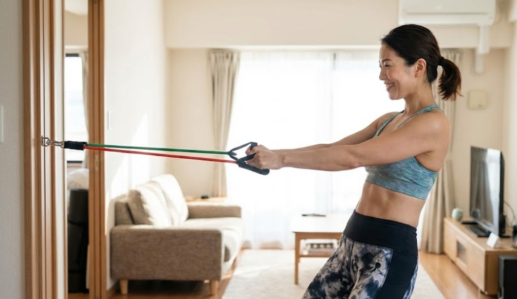 明るいリビングルームで、ドアアンカーに固定したハンドル付きのトレーニングチューブ（赤と緑の2本）を使い、笑顔で背中のトレーニング（ローイング）をしているスポーツウェア姿の日本人女性。