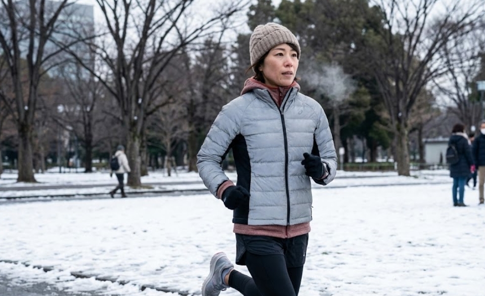 雪が積もった冬の公園で、防寒ウェア（パデッドジャケット、ニット帽、手袋）を着用し、真剣な表情でランニングをしている30代くらいの日本人女性の写真。