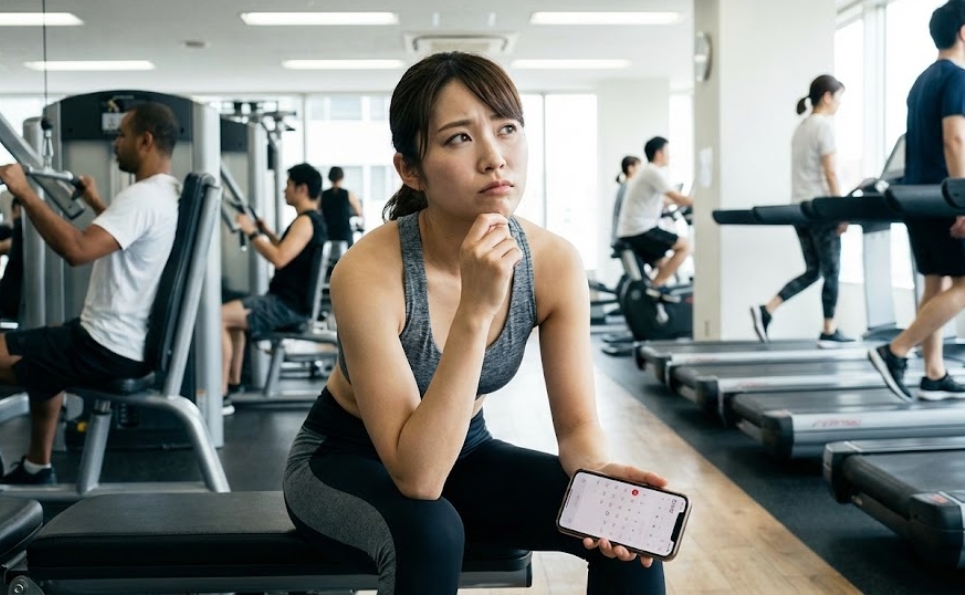 フィットネスジムのベンチに座り、カレンダーが表示されたスマートフォンを片手に、トレーニングのスケジュールや頻度について考え込んでいる様子のスポーツウェアを着た日本人女性。背景には他の利用者がトレーニングしている姿が見える。