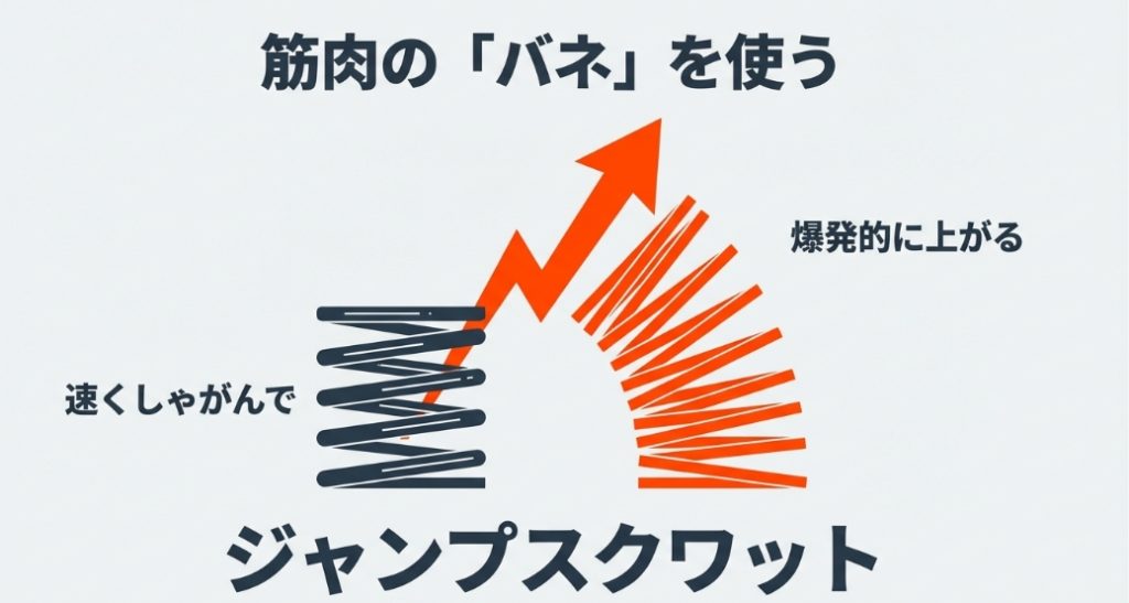速くしゃがんで爆発的に立ち上がる筋肉のバネを利用したジャンプスクワットのイメージ図