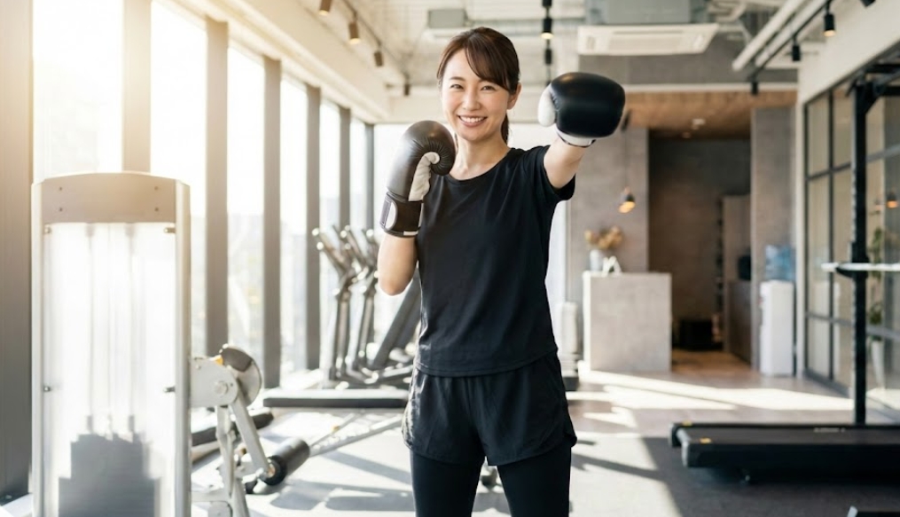 キックボクシング初心者でも恥ずかしくない、明るいジムで笑顔でファイティングポーズをとる女性。記事で推奨しているレギンスとショートパンツの服装。