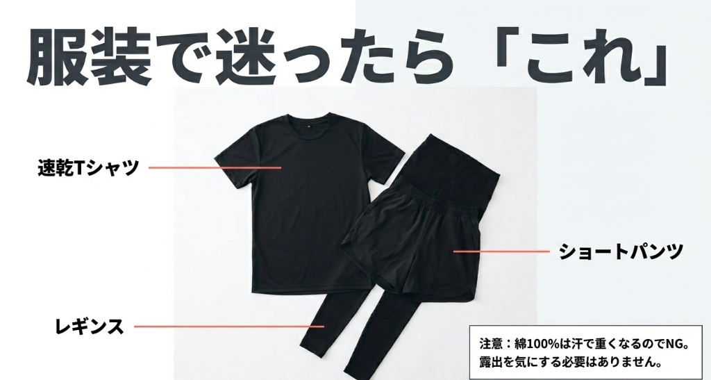 キックボクシング初心者におすすめの服装。速乾Tシャツ、ショートパンツ、レギンス。