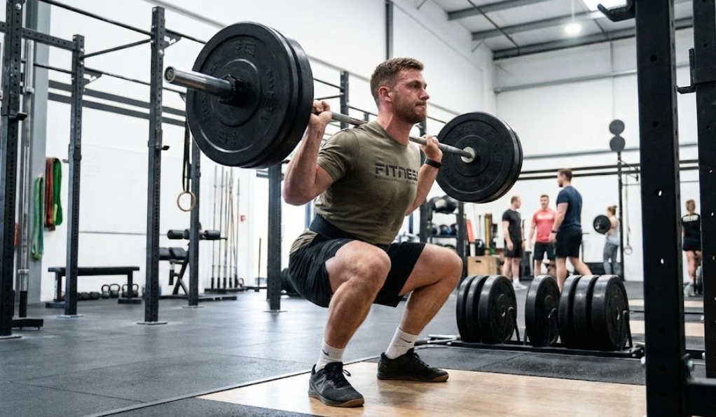 設備の整ったトレーニングジムで、筋肉質の男性アスリートが重いバーベルを背負い、深くしゃがみ込むバックスクワットを行っている様子。真剣な表情で下半身の筋力トレーニングに取り組んでいる。