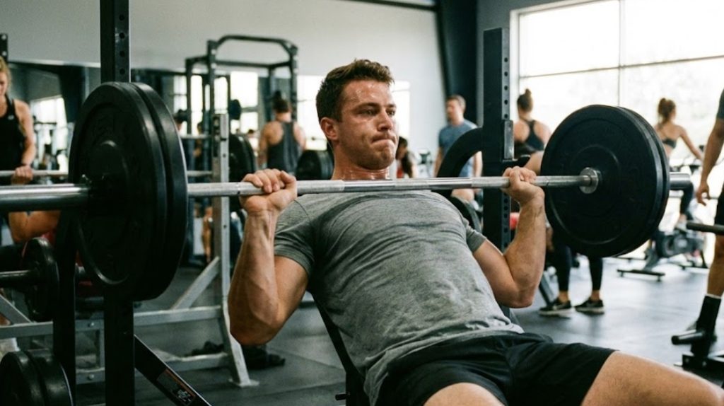 自然光が入る活気あるジムで、汗をかきながら真剣な表情でインクラインベンチプレスをしている男性