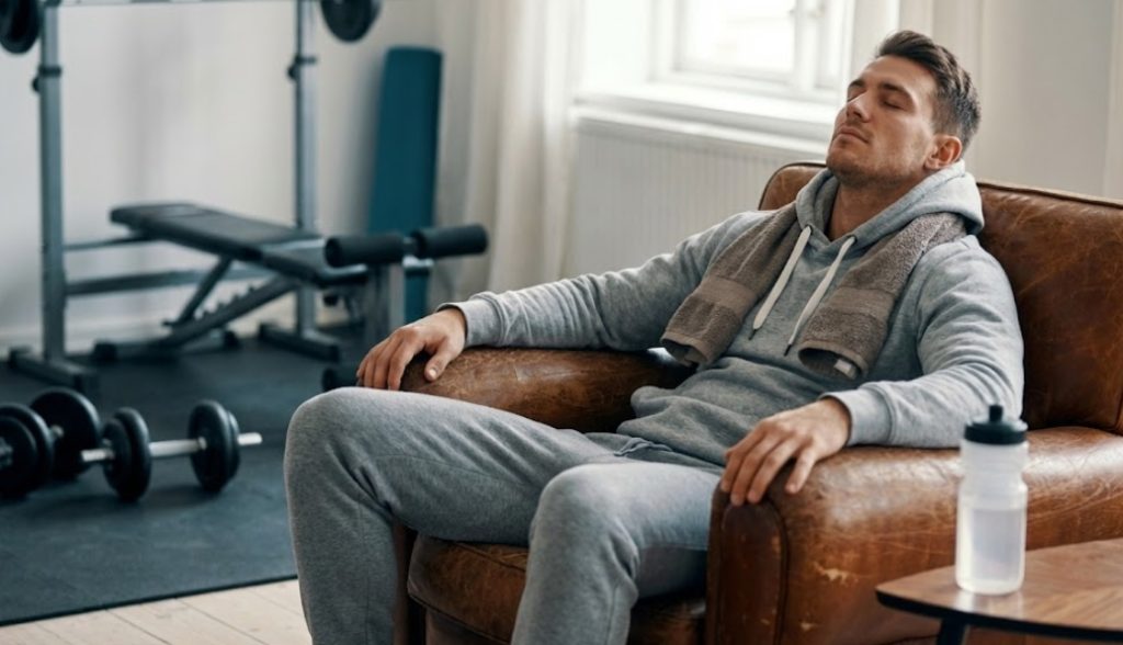 自宅のトレーニングルームにある革のソファで、首にタオルをかけ、目を閉じてリラックスしているグレーのスウェット姿の男性。背景にはダンベルやトレーニングベンチが見える。