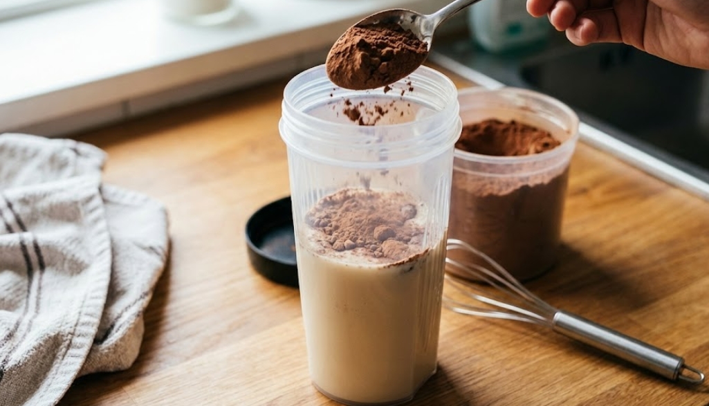 シェイカーに入ったプロテインドリンクにスプーンでココアパウダーを混ぜる様子