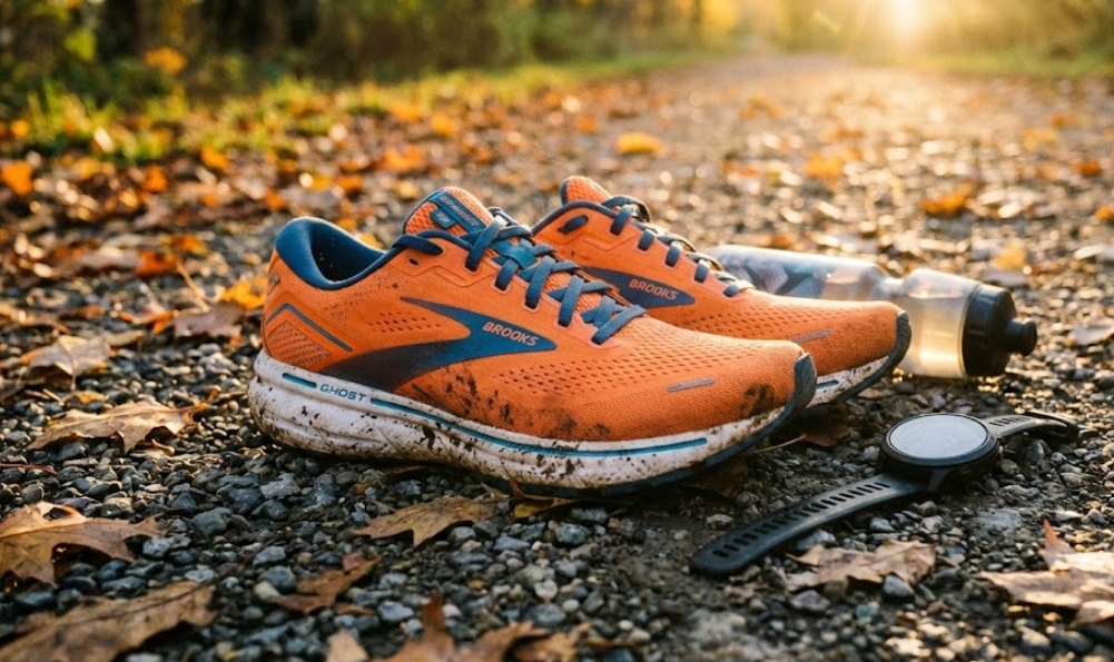 夕暮れ時、落ち葉が散る砂利道に置かれた、泥で汚れたオレンジ色のブルックス・ゴースト・ランニングシューズ。隣にはウォーターボトルとGPSウォッチがある。