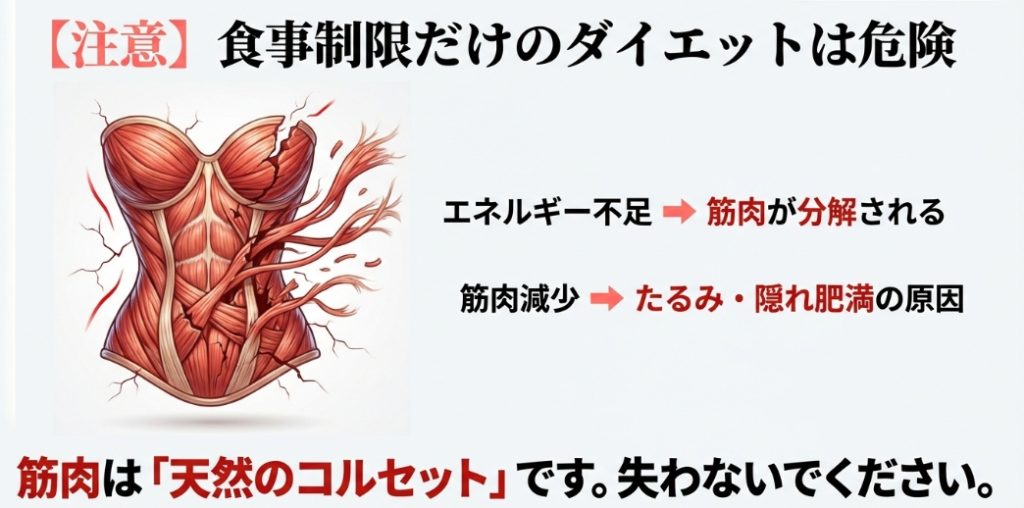 食事制限だけのダイエットはエネルギー不足で筋肉が分解され、たるみや隠れ肥満の原因になることを注意喚起する天然のコルセットのイラスト