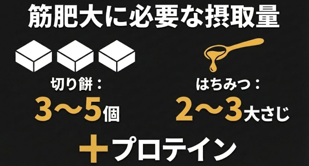 筋肥大に必要な切り餅、はちみつ、プロテインの具体的な摂取量目安を示す図