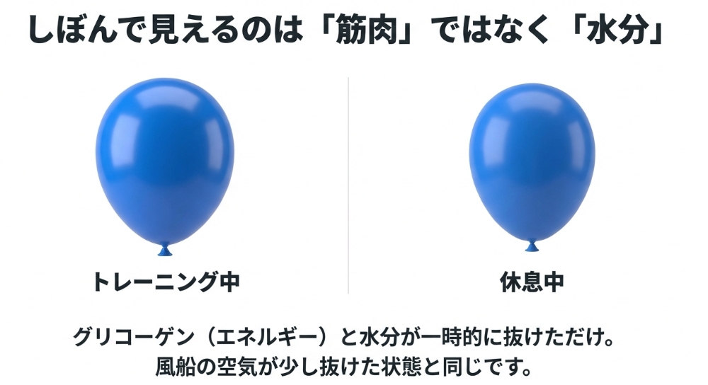 筋トレを休むと筋肉が萎むのは水分とグリコーゲンが抜けただけという風船の例え