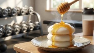 ジムのベンチやダンベルを背景に、皿に積まれた温かい切り餅にとろりとはちみつがかけられている様子。手前にはプロテインシェイカーも置かれている。