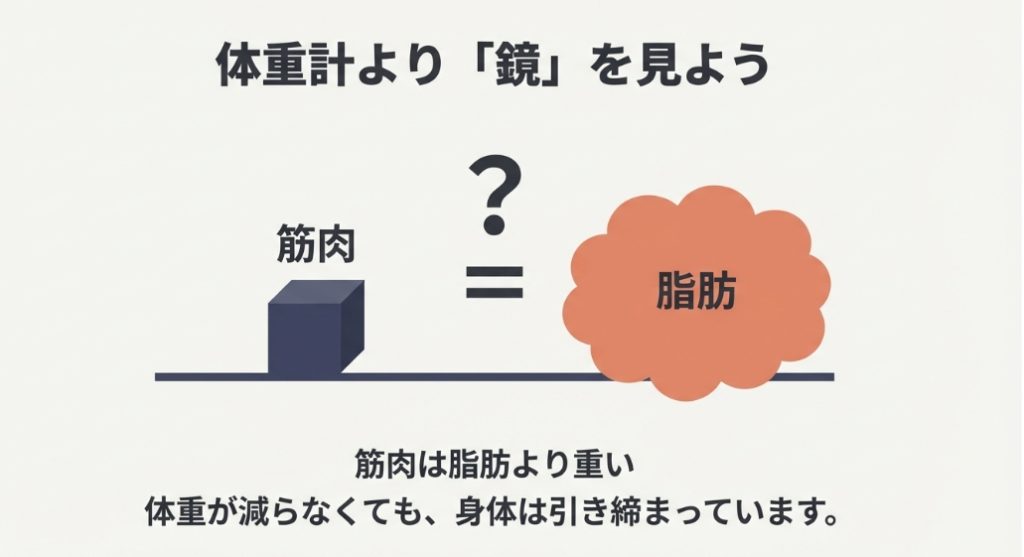 筋肉は脂肪より重いため、体重計の数字よりも鏡で見た目の変化を確認することを示す図
