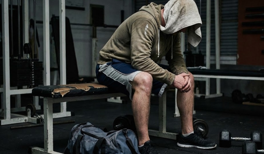 薄暗いジムのベンチで、パーカーを着てタオルで顔を隠し、トレーニングによる疲労困憊でうなだれているトレーニーの様子。足元にはジムバッグとダンベルがある。