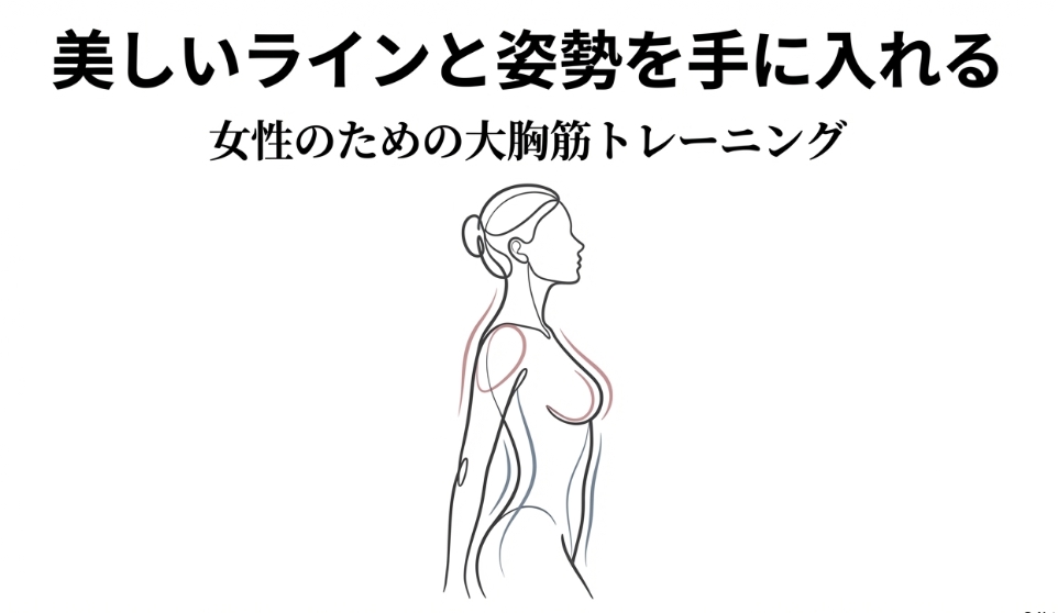 女性の横顔とバストラインを描いた線画イラスト。大胸筋トレーニングで手に入る美しい姿勢とラインを表現。