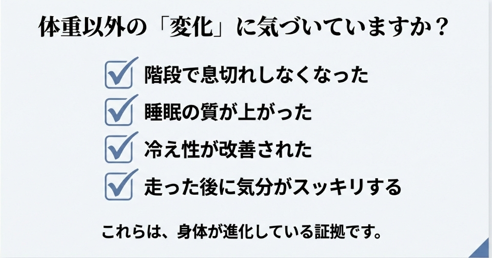 階段での息切れ改善、睡眠の質の向上、冷え性改善など、体重以外に身体が進化している証拠をまとめたリスト画像