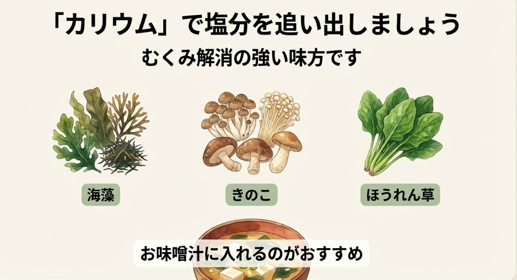 カリウムが豊富で塩分の排出を促す海藻、きのこ、ほうれん草のイラスト