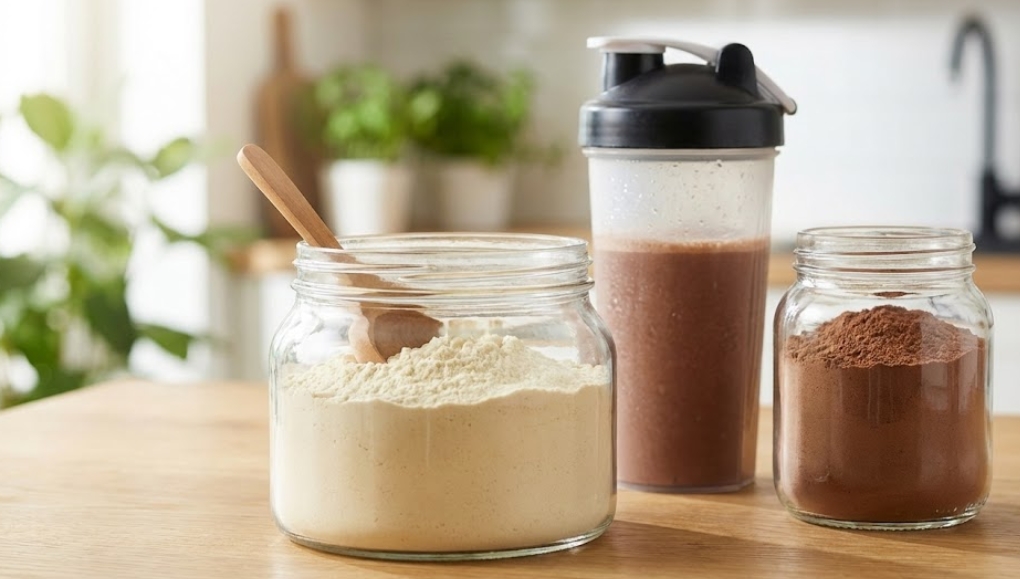 明るい自然光が差し込むキッチンの木製テーブルの上に、プロテイン関連の商品が置かれている。左側には大きな透明なガラス瓶に入ったバニラ味のプロテインパウダーがあり、木製のスプーンが差し込まれている。右側には小さなガラス瓶に入ったチョコレート味のプロテインパウダーがある。中央奥には、チョコレート色のプロテインシェイクが入った透明なシェイカーボトルがある。背景は観葉植物が置かれたモダンなキッチンで、柔らかくぼけている。