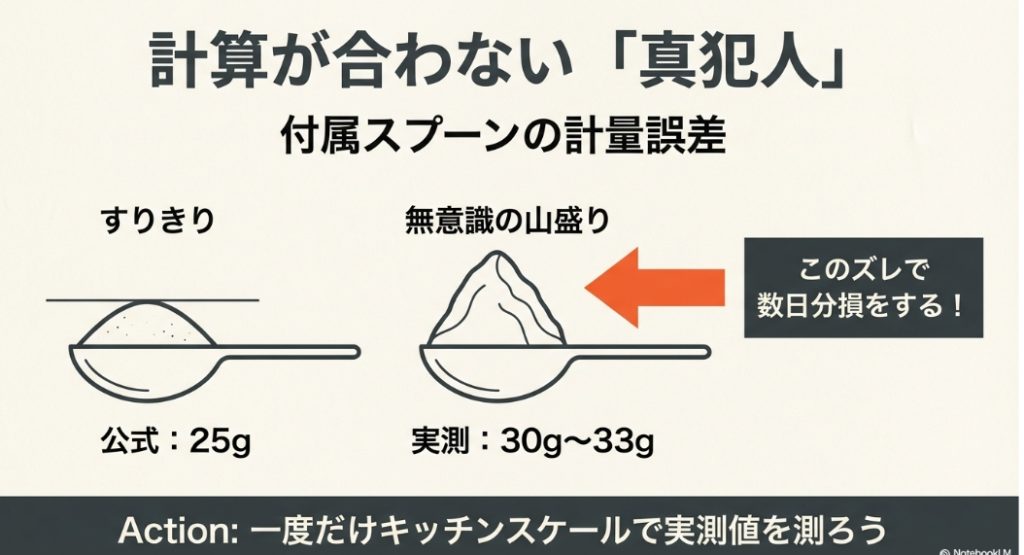 公式推奨の25gと実測値30〜33gのズレ（無意識の山盛り）が計算が合わない原因であることの解説