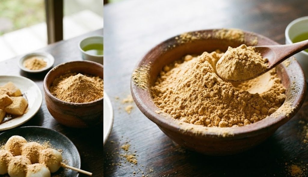 木製のテーブルの上に、陶器の鉢に山盛りになったきな粉と、それをすくう木製スプーンがある。横にはきな粉をまぶしたわらび餅と串団子の皿、緑茶の湯呑みが置かれている。自然光が差し込む落ち着いた雰囲気の写真。