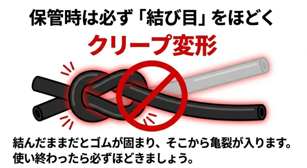 トレーニングチューブを結んだまま保管すると「クリープ変形」が起き、そこから亀裂が入って切れる原因になることを警告する画像。