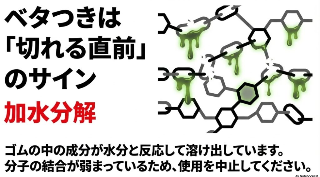 ゴム分子が水分と反応して結合が弱まる「加水分解」のメカニズムと、ベタつきが切れる直前のサインであることを示す図解。