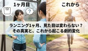 ランニングを始めて1ヶ月、鏡の前で見た目の変化がなく悩む女性と、継続した先に待っている引き締まった体で颯爽と走る未来の姿を対比させたアイキャッチ画像。中央に「ランニング1ヶ月、見た目は変わらない？その真実と、これから起こる劇的変化」というタイトル文字。