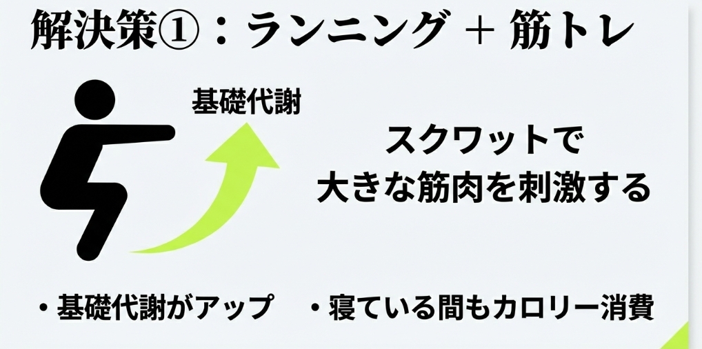 スクワットで大きな筋肉を刺激し、基礎代謝をアップさせて寝ている間もカロリー消費を促す解決策を示すイラスト