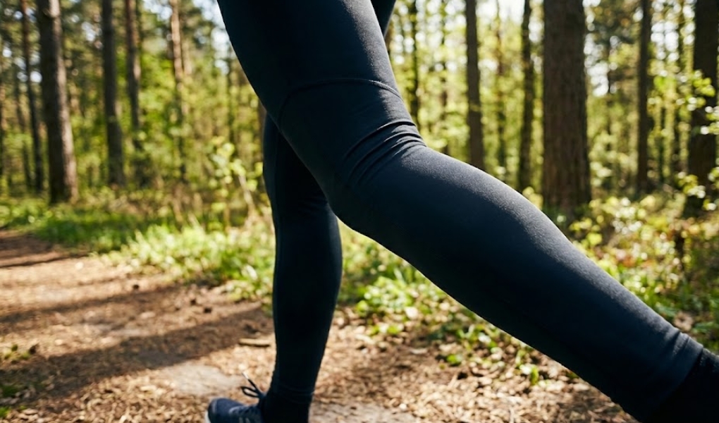 森の中のトレイルコースを走る、黒いランニングタイツを履いた足元のクローズアップ写真。