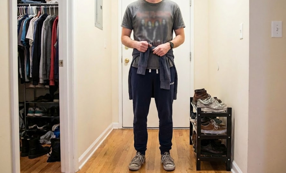 自宅の廊下で、クローゼットの前に立ち、Tシャツとスウェットパンツ、腰に巻いたパーカーという家にある服装でランニングの準備をしている男性の様子。