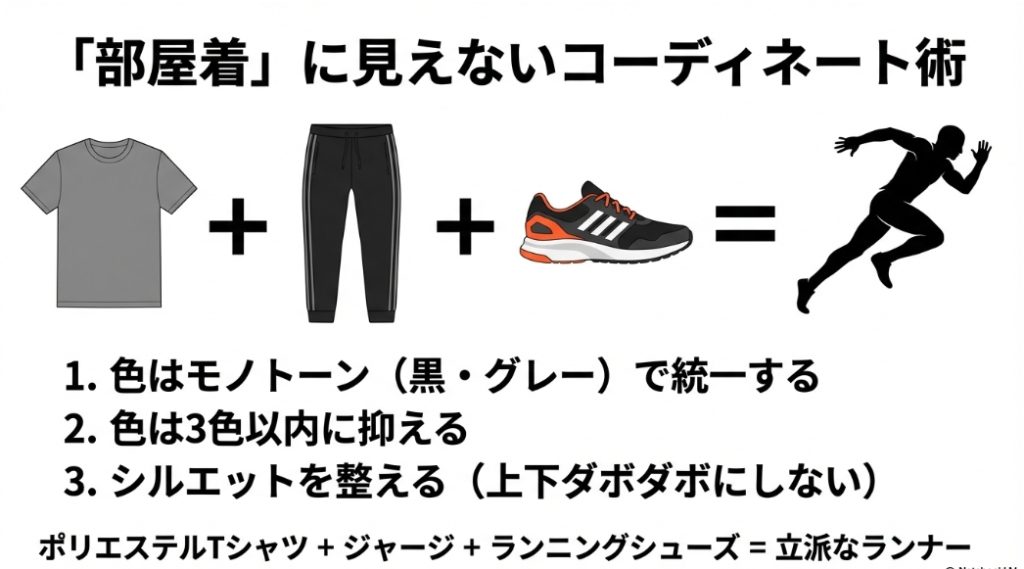 ポリエステルTシャツとジャージとランニングシューズを組み合わせた、モノトーンでまとめるコーデの図解