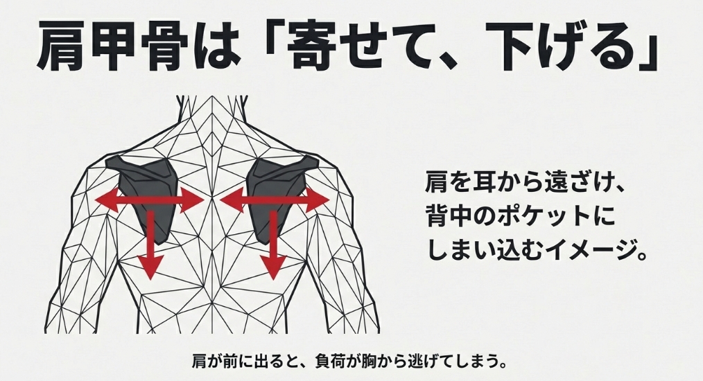 ベンチプレスでは肩甲骨を寄せて下げることが重要