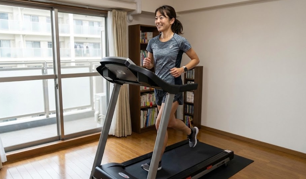 マンションの明るいリビングルームで、スポーツウェアを着た日本人女性が笑顔で家庭用ルームランナー（トレッドミル）を使ってランニングを楽しんでいる様子。