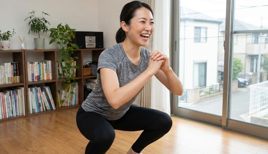 明るいリビングルームで、スポーツウェアを着た日本人女性が満面の笑みを浮かべながら楽しそうに自重スクワットをしている様子。健康維持のための自宅トレーニング風景。