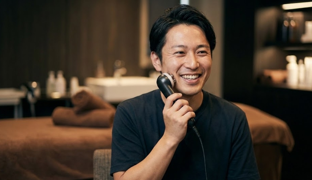 落ち着いた雰囲気のエステサロンで、黒いTシャツを着た笑顔の日本人男性が、ハンディタイプのRF（ラジオ波）美顔器を右頬に当ててケアをしている様子。背景には施術ベッドやタオルがぼけて見える。