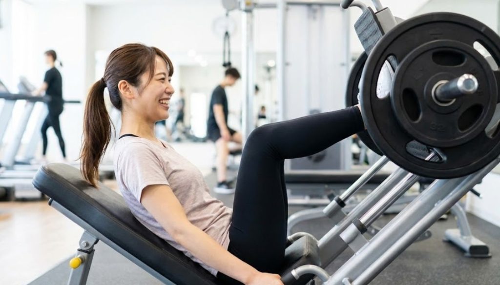 明るいフィットネスジムの中で、ポニーテールをした日本人女性が、笑顔でレッグプレスのマシンを使って下半身のトレーニングをしている様子。