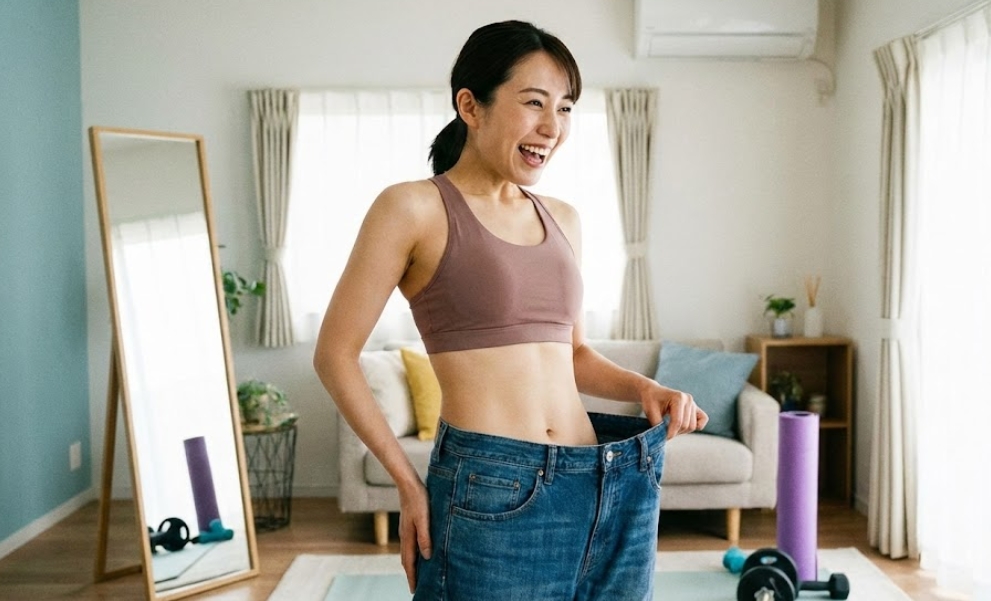 リビングルームで、スポーツブラを着た日本人女性が、ダイエットに成功してブカブカになったジーンズのウエストを引っ張り、驚きと喜びの笑顔を見せている様子。背景には全身鏡やフォームローラー、ダンベルなどが置かれている。