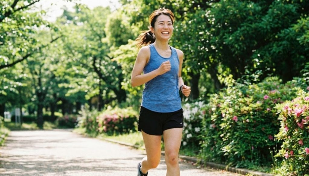 新緑が美しい公園の小道を、青いウェアを着て笑顔で楽しそうにランニングしている若い日本人女性の様子。