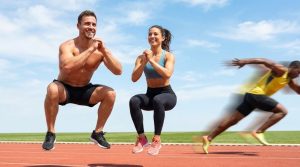 青空の下の陸上トラックで、笑顔でスクワットジャンプをする男女と、その横を疾走するスプリンターの残像。スクワットによる走力向上とスピードアップを表現したイメージ画像。
