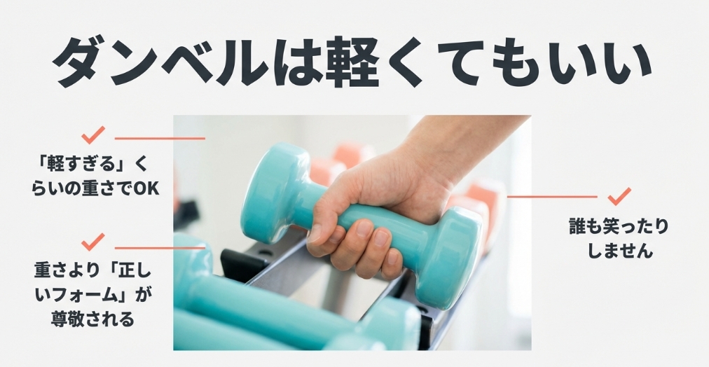 ダンベルは軽すぎる重さで構わず、重さよりも正しいフォームが重要であることを伝えるスライド