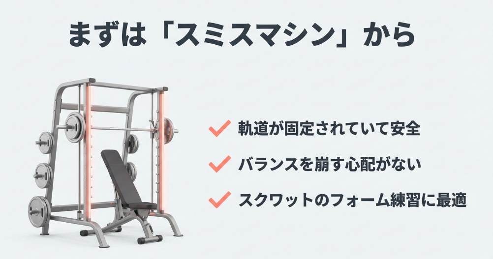 軌道が固定されていてバランスを崩す心配がない、スミスマシンのイラストとメリット