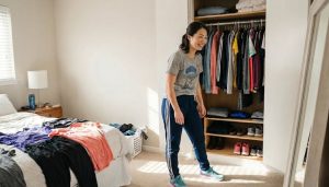 家にあるTシャツとジャージでランニングの準備をし、笑顔で鏡を見ている30代日本人女性。クローゼットの前で試着している様子。