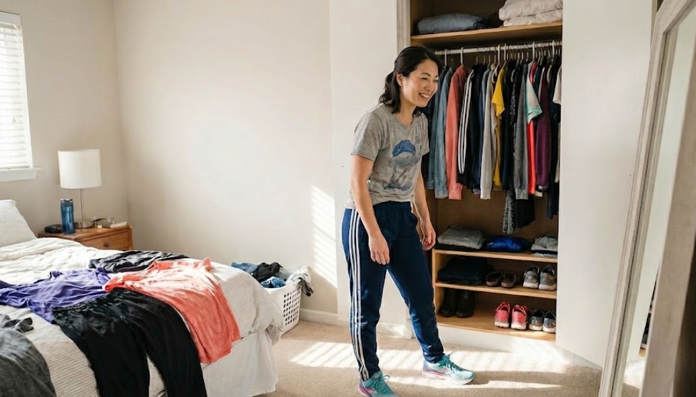 家にあるTシャツとジャージでランニングの準備をし、笑顔で鏡を見ている30代日本人女性。クローゼットの前で試着している様子。