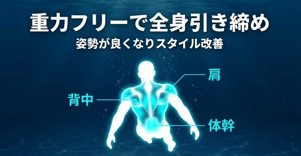 水泳で鍛えられる筋肉の部位図解。肩、背中、体幹が活性化し、姿勢改善につながるイメージ。