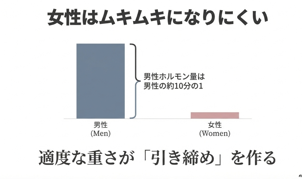 男性と女性の男性ホルモン量の違いを示した図。女性は男性の約1/10しかなく、筋トレをしてもムキムキになりにくいことを説明。