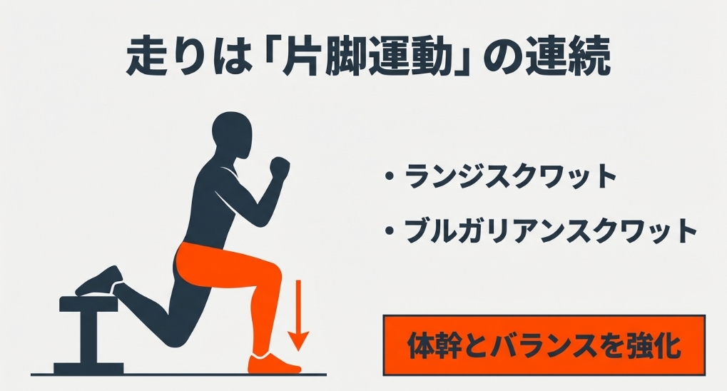 走る動作と同じ片脚運動であるランジスクワットやブルガリアンスクワットを示すイラスト