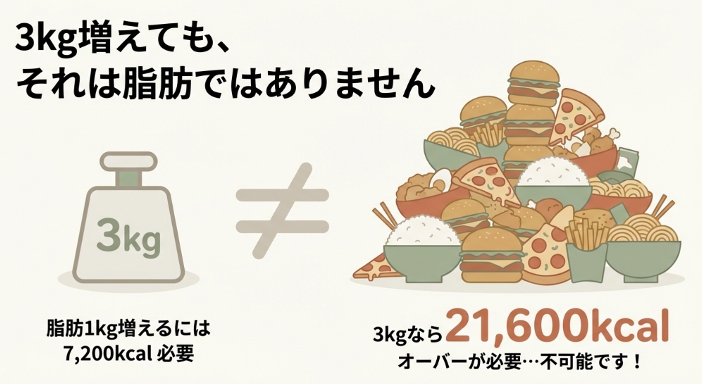 脂肪を1kg増やすには7200kcal必要であり、チートデイで3kg増えても脂肪ではないことを示す図解