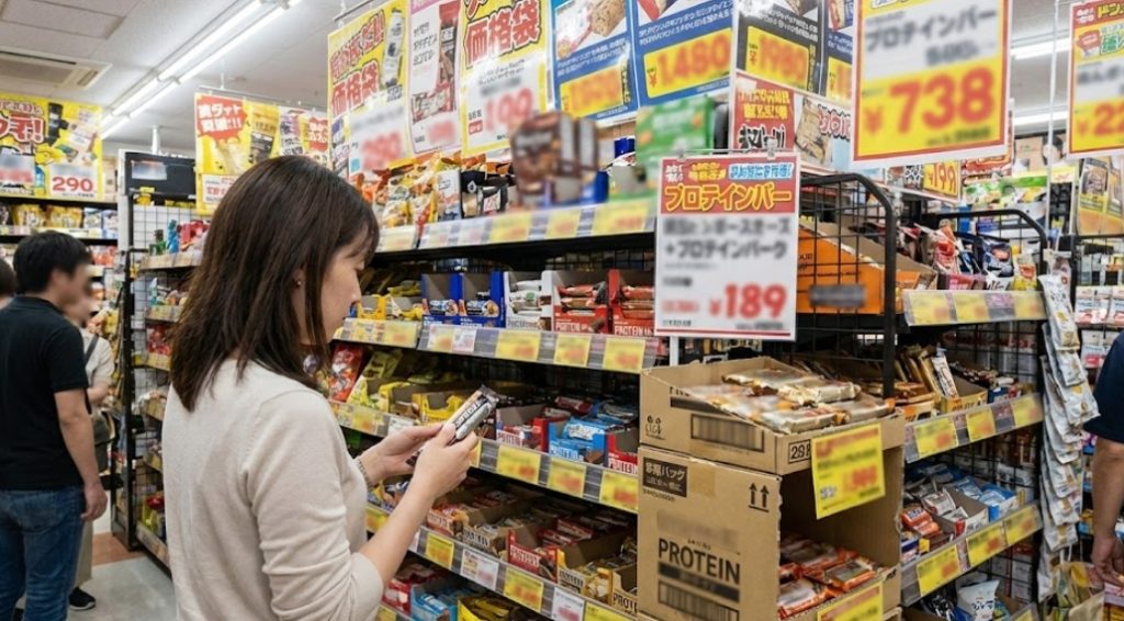 日本のディスカウントストア、ドン・キホーテの賑やかな店内で、後ろ姿の女性がプロテインバーが山積みされた棚の前に立ち、商品を一つ手に取って確認している様子。周囲には他の買い物客や、黄色い手書きのポップ広告が多数見られる。商品パッケージやポップの文字情報には、ブランド名などが判読できないようぼかし加工が施されている。