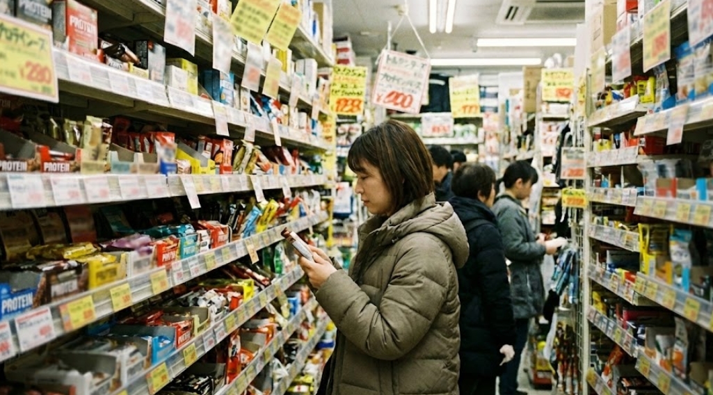 ドン・キホーテのような日本のディスカウントストアの狭い通路で、茶色のダウンジャケットを着たショートヘアの女性が、プロテインバーが山積みされた棚の前で商品を一つ手に取って確認している様子。周囲には他の買い物客の姿もあり、商品パッケージや天井から吊るされたポップ広告の文字情報には、すべてぼかし加工が施されている。