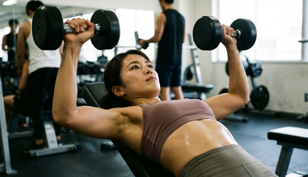 ジムのベンチでダンベルを上げ、大胸筋を鍛えている日本人女性。真剣な表情でトレーニングに取り組んでおり、筋肉の収縮が感じられる。大胸筋筋トレによるビフォーアフターを目指す様子。